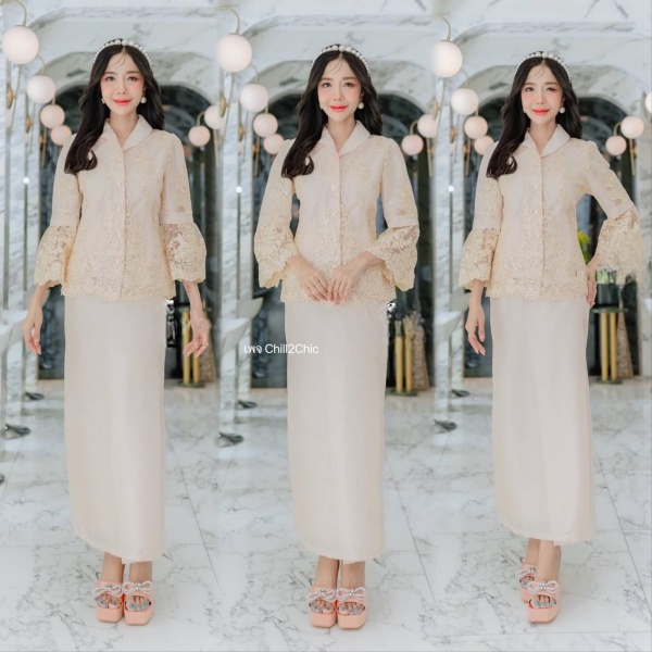 รูปภาพที่2 ของสินค้า :   สินค้าเข้าใหม่มีถึง 4XL (อก 46 นิ้ว)  Set  เสื้อ+กระโปรง  ชุดแม่เจ้าบ่าวสีครีม  ชุดแม่เจ้าสาวสีครีม