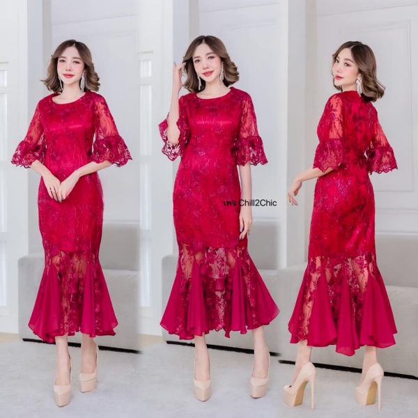 รูปภาพที่2 ของสินค้า : ชุดสีแดง  เดรสออกงานกระโปรงทรงหางปลาระย้า ลูกไม้แขนกระดิ่ง